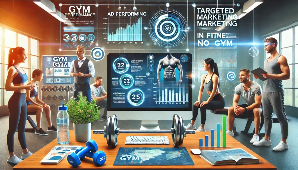 A-professional-and-modern-gym-advertising-theme-featuring-gym-equipment-a-team-of-marketers-analyzing-ad-performance