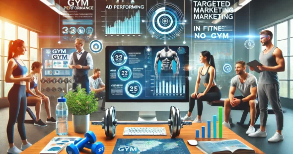 A-professional-and-modern-gym-advertising-theme-featuring-gym-equipment-a-team-of-marketers-analyzing-ad-performance